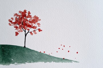 A serene autumn landscape featuring a vibrant red tree on a gentle hill with fallen leaves scattered below