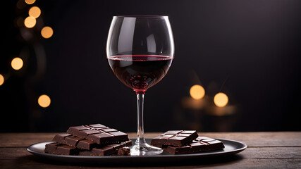 Glass of red wine with a side of dark chocolate, brain-boosting treat, rich in flavonoids.