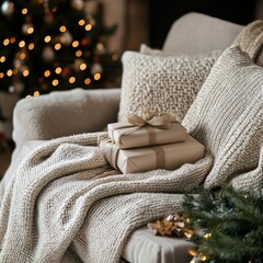 Sticker - Cozy holiday setting with gifts on a sofa and a decorated Christmas tree in the background.