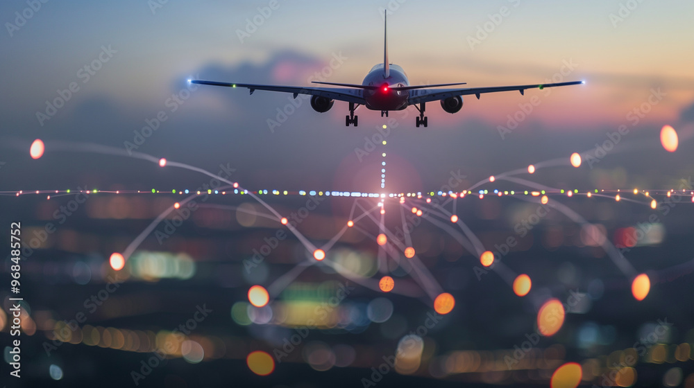 Airplane flying over a digital map of glowing connections during sunset ...