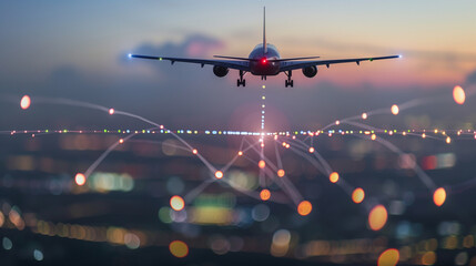 Poster - Airplane flying over a digital map of glowing connections during sunset, representing global communication