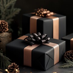 Sticker - Elegant black gift boxes with bronze ribbons and pine cones, perfect for celebrations.