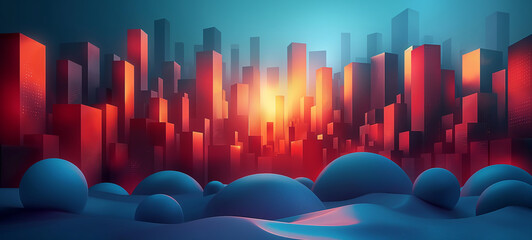 Wall Mural - 3D rendering of a glowing futuristic building with a night city skyline in the background