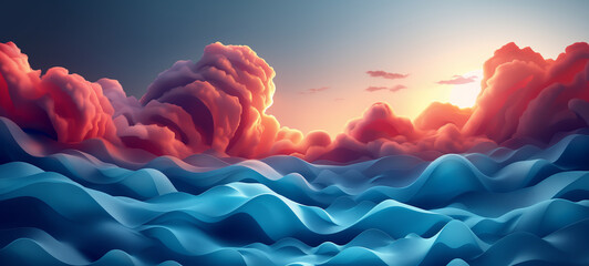 Wall Mural - A vibrant sunset with a mix of red and blue skies, clouds, and a scenic mountain view