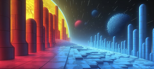 Wall Mural - 3D rendering of a glowing futuristic building with a night city skyline in the background