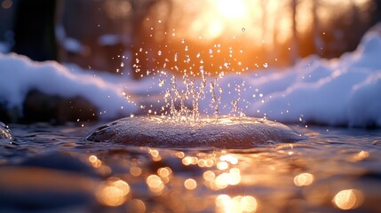 Wall Mural - Water droplets splash on a stone at sunset, creating a serene scene.