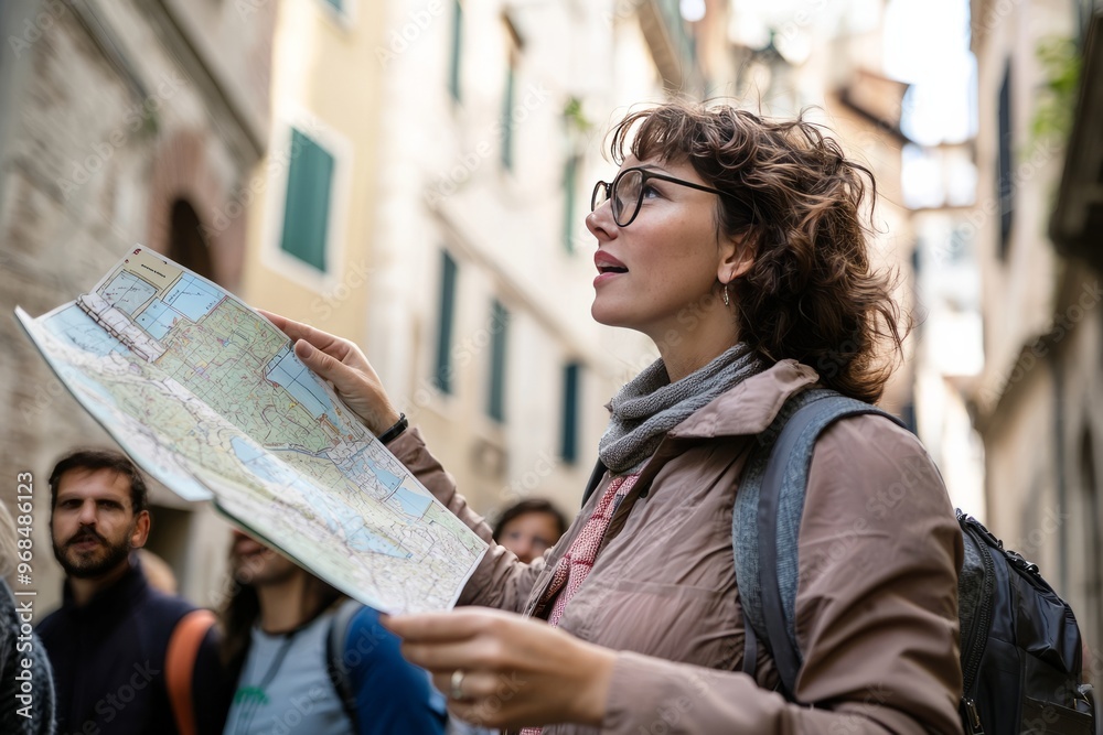 Female tour guide leading a group through a historic city center. She ...