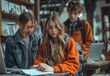 © VRAYVENUS - High school students gather to do group reports. The atmosphere is fun and creative.