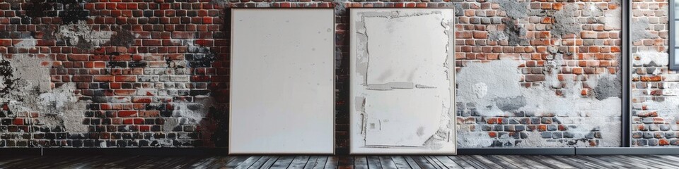 Wall Mural - Two blank canvases leaning against a brick wall