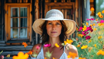 Caucasian woman in a sun hat enjoying vibrant flowers and a wooden house in a serene outdoor setting, embodying summer relaxation and connection with nature