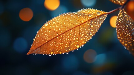 Poster - Close-up of a dew-covered orange leaf against a blurred background.