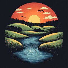 Sticker - Serene landscape with a river and sunset backdrop.