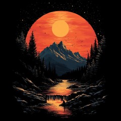 Poster - Serene mountain landscape with sunset and river.