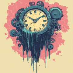 Wall Mural - Surreal clock melting with gears and vibrant colors.