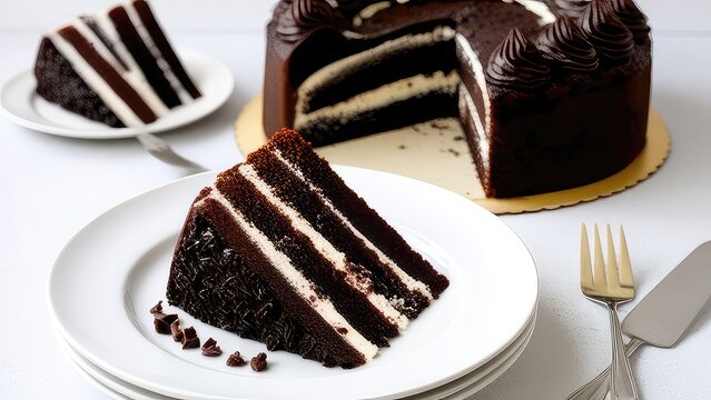 Black Forest Cake on a white plate on a white background ,JPEG file