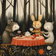 Sticker - Three animals enjoying tea and desserts at a table in a forest setting.