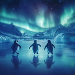 Wall Mural - Three penguins stand on icy terrain under a colorful aurora borealis sky.