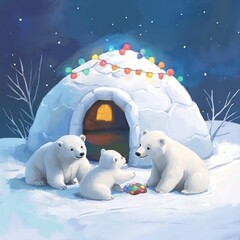 Sticker - Three polar bears around an igloo with festive lights, enjoying a snowy scene.