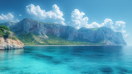 Wall Mural - Serene coastal landscape with cliffs and clear blue waters.