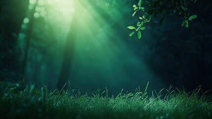 Sticker - Serene forest scene with sunlight filtering through trees, illuminating lush greenery and creating a tranquil atmosphere.