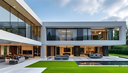 Canvas Print - Elegant modern mansion featuring expansive windows and a lush lawn, embodying contemporary architecture and upscale living in luxurious design