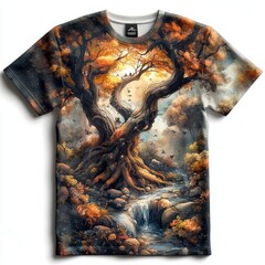 Sticker - T-shirt design featuring a vibrant autumn landscape.