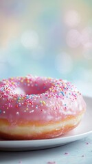 Wall Mural - Pink donut with sprinkles on a plate