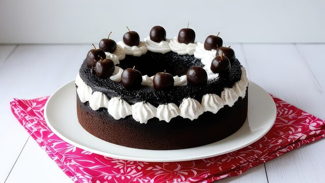 Black Forest Cake on a white plate on a white background ,JPEG file