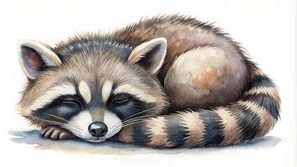 Watercolor of a cute sleeping raccoon, perfect for nursery art , raccoon, cute, sleeping, watercolor,adorable, animal, wildlife