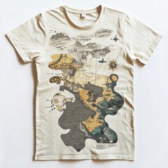 Canvas Print - T-shirt with a vintage map design featuring landscapes and geographical elements.