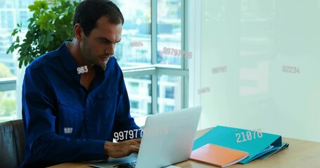 Poster - Animation of data processing over biracial businessman using laptop in office