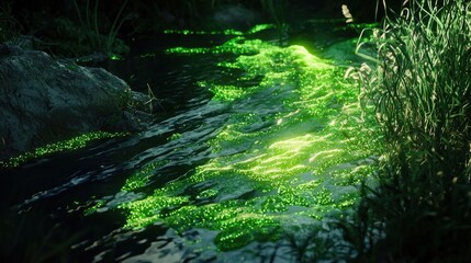 Glowing bio luminescent algae in dark water