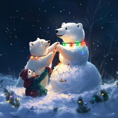 Poster - Two polar bears and a child decorate a snowman with colorful lights in a snowy landscape.