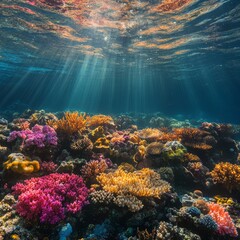 Wall Mural - Underwater scene showcasing vibrant coral reefs illuminated by sunlight.