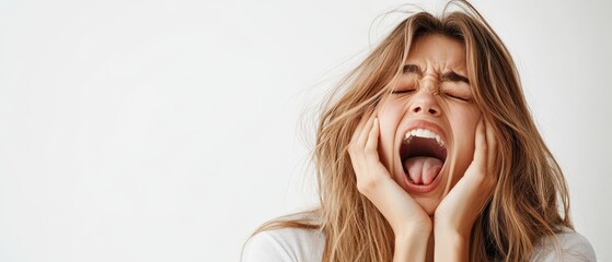 Woman yawning while rubbing her eyes, slightly disheveled hair, pure white background, raw and candid moment, authentic tiredness depiction, focus on natural gesture