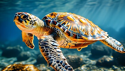 Majestic sea turtle gracefully swimming underwater, illuminated by sunlight, highlighting the intricate patterns of its shell and the allure of marine life.