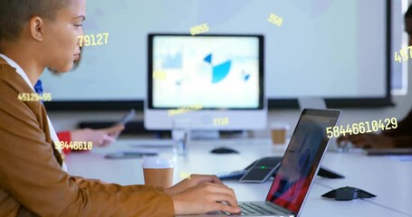 Poster - Animation of data processing over biracial businesswoman using laptop in office