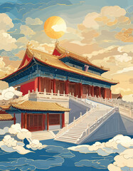 Chinese Temple Architecture: A Traditional Chinese Temple with a Golden Roof and Red Walls, Set Against a Cloudy Sky