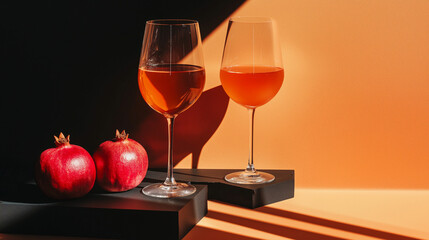 Two glasses of juice or wine and pomegranates on a geometric podiums on black and orange background with sunlight and shadows. Summer refreshment concept. 