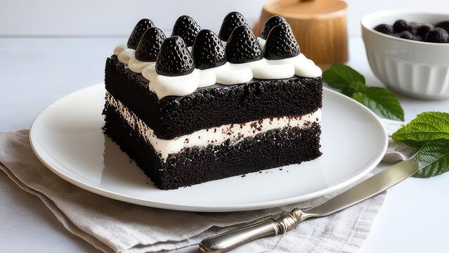 Black Forest Cake on a white plate on a white background ,JPEG file