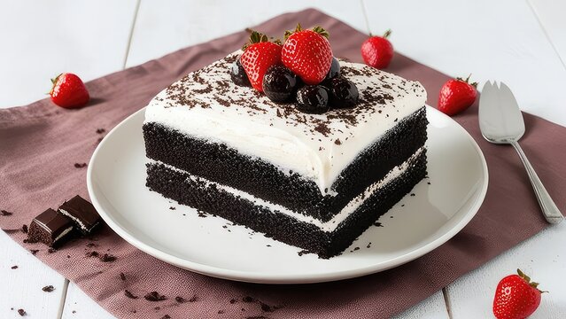 Black Forest Cake on a white plate on a white background ,JPEG file