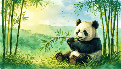 Wall Mural - Panda Bear Relaxing in Bamboo Forest