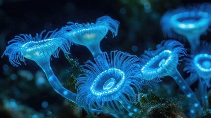 Glowing bioluminescent tube dwelling anemones