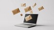 © CHOI POO - Digital Inbox Overload: A modern laptop overflows with a flurry of floating brown envelopes, illustrating the concept of email marketing, communication, and online messaging.