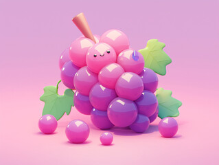 Poster - A cute, glossy 3D grape cluster with a smiling face, made of colorful spheres in shades of pink and purple, surrounded by green leaves, set against a soft pink background.
