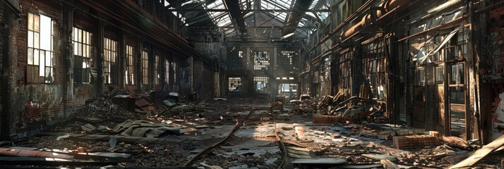 Poster - A derelict factory in decay featuring fallen walls, a sunken roof, and broken windows, enveloped by heaps of weathered bricks, timber, and rubble.