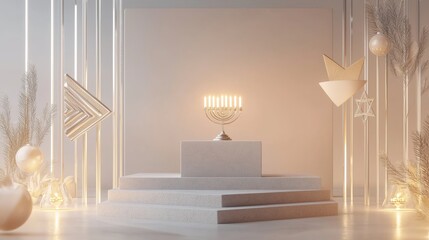 Poster - A modern 3D podium surrounded by floating Jewish holiday symbols, including the menorah and Torah, softly glowing in a minimalist setting