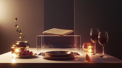 a sleek, glass 3d podium with a floating matzah above it, surrounded by traditional passover items l