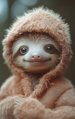 Wall Mural - A cute sloth wearing a fuzzy brown hoodie, looking at the camera with a sweet smile.