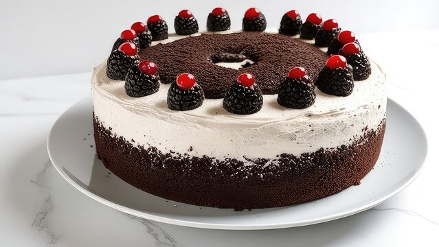 Black Forest Cake on a white plate on a white background ,JPEG file